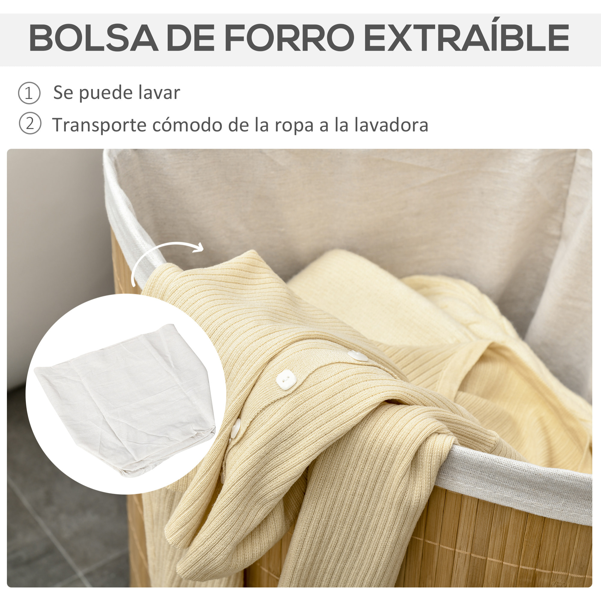 Cesto para Ropa Sucia de Bambú 55L con Tapa y Bolsa Extraíble 38x38x57cm Natural