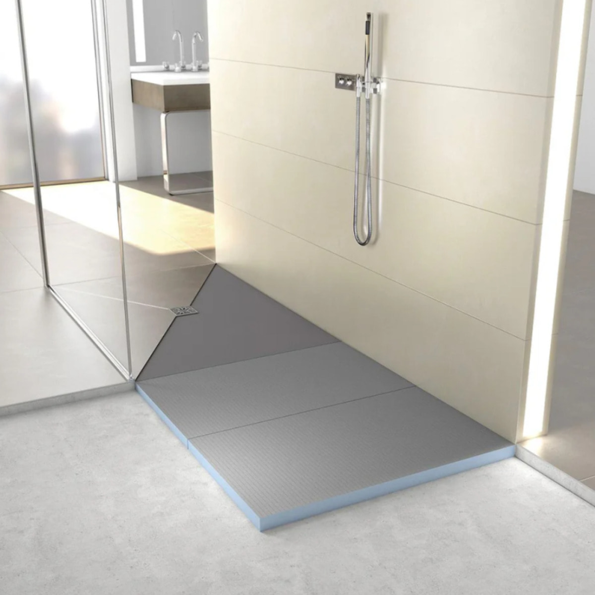 Pack receveur de douche pré-penté 104 x 120 x 3,8 cm WEDI Fundo Flex béton + bonde horizontale + écoulement linéaire + support