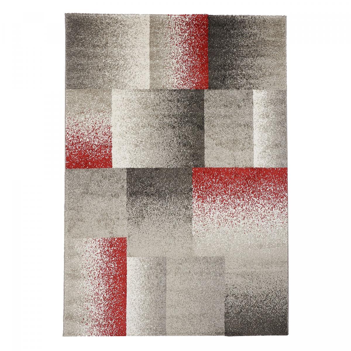Tapis Kuje motif géométrique destructuré, rouge, gris
