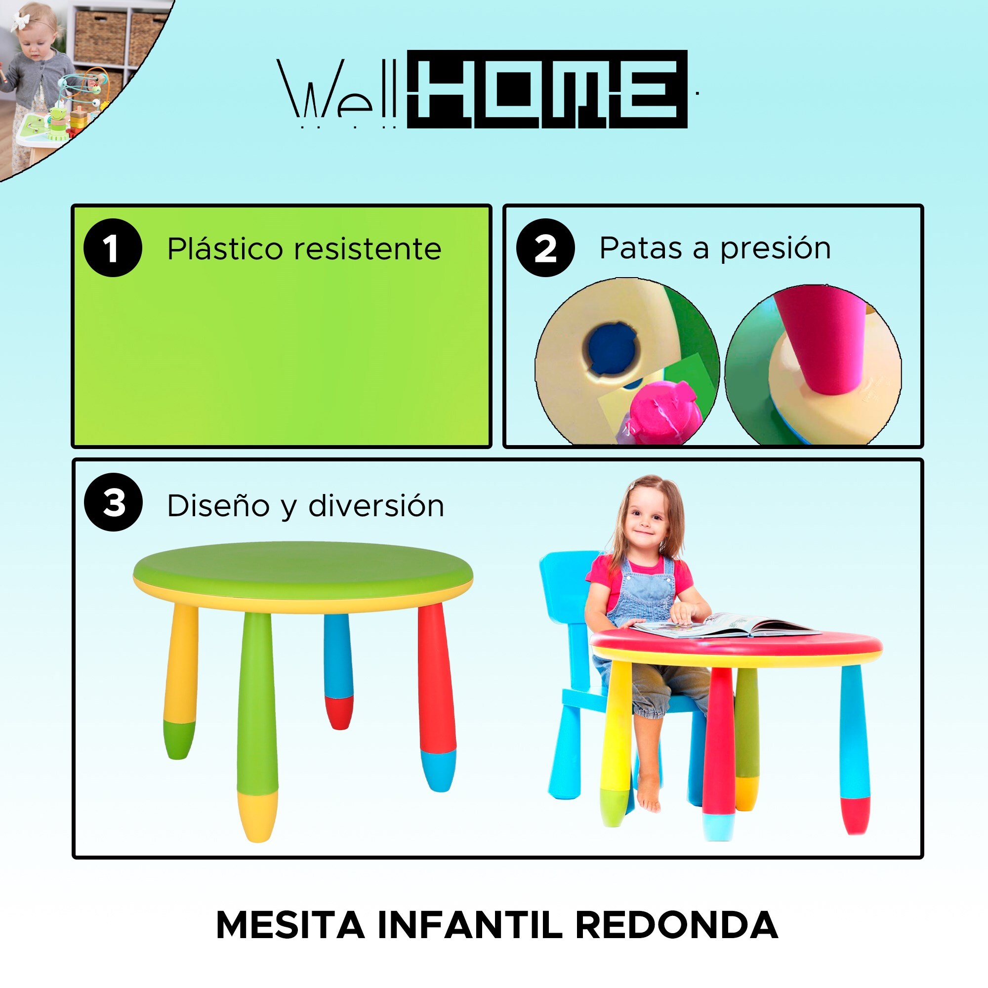 Mesita infantil redonda verde, en plástico, ø70 x h.48cm