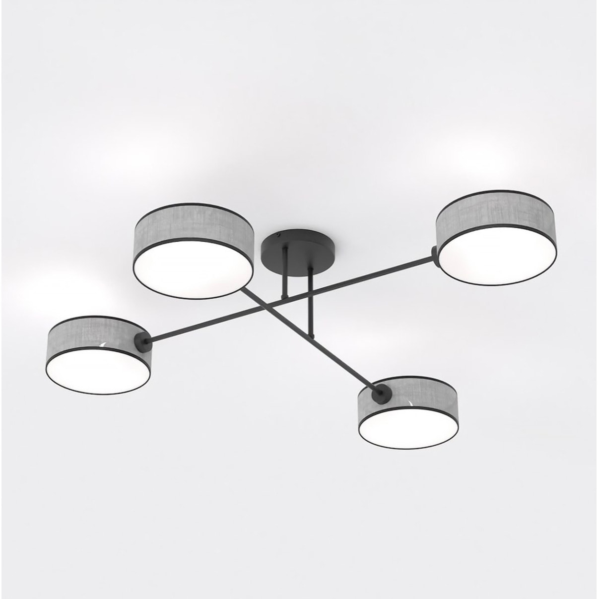 Lampada a sospensione Maga a quattro luci in metallo nero e tessuto grigio