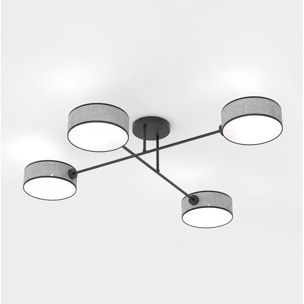 Lampada a sospensione Maga a quattro luci in metallo nero e tessuto grigio