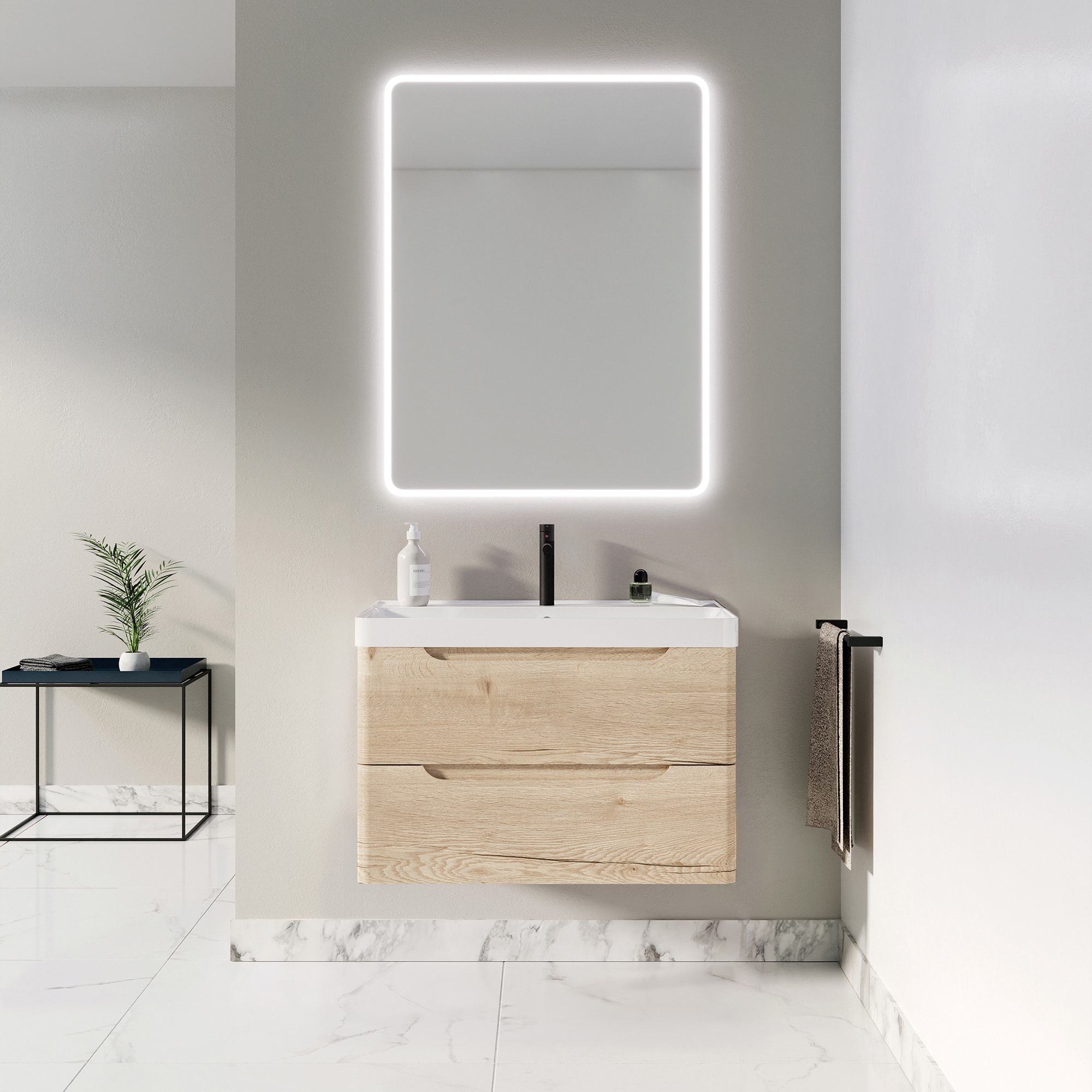 Meuble de salle de bains 80cm 2 tiroirs Chêne Clair - Vasque céramique blanche - JOTA
