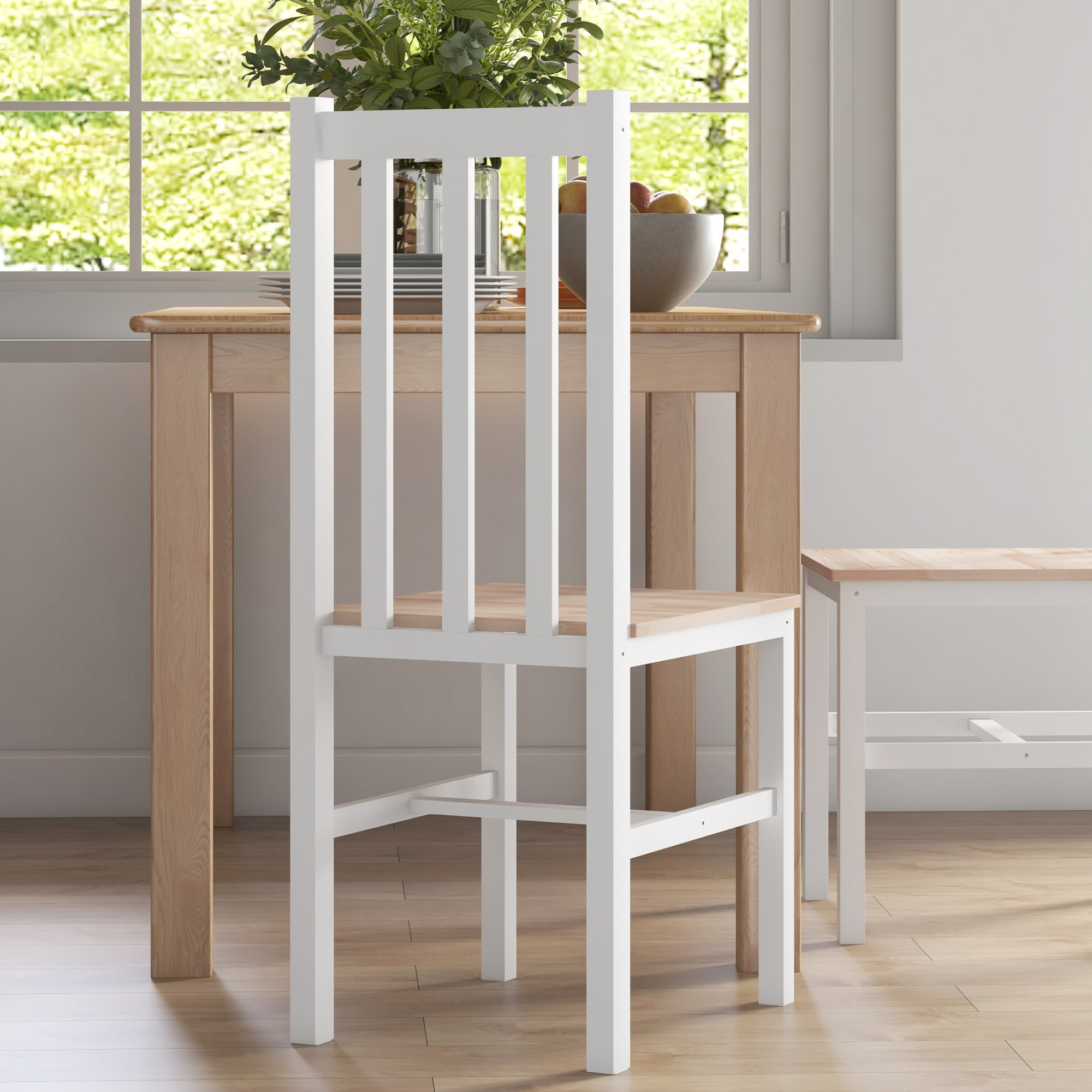 Juego de 2 Sillas de Comedor Silla de Cocina con Respaldo de Listones Marco de Madera de Pino para Sala de Estar y Comedor Carga 120 kg 38,5x47,5x99 cm Blanco