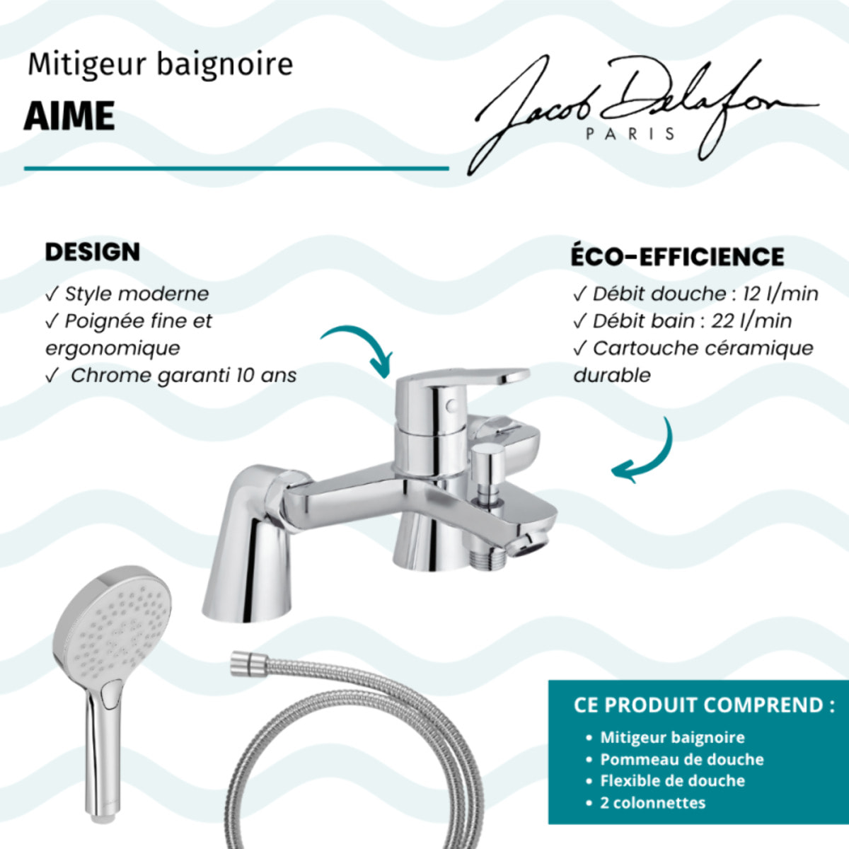Mitigeur baignoire Aimé + pommeau de douche Metro + flexible de douche métal + colonnettes