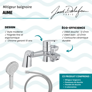 Mitigeur baignoire Aimé + pommeau de douche Metro + flexible de douche métal + colonnettes