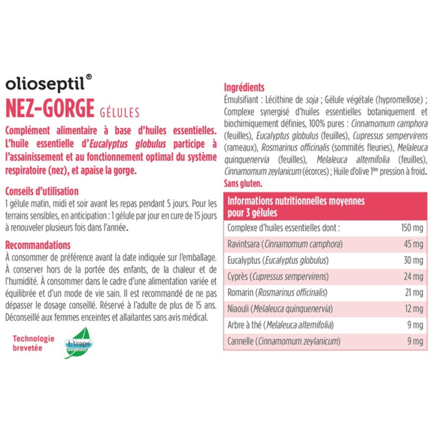 OLIOSEPTIL - Nez-Gorge - Complexe de 7 Huiles Essentielles Pures et Chémotypées - Assainit le Système Respiratoire & Apaise la Gorge - Dès 15 Ans - 15 Gélules