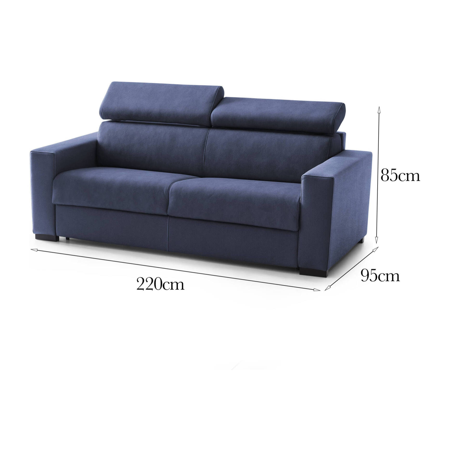 Divano fisso Julia, Divano a 3 posti, 100% Made in Italy, Sofà Soggiorno, in tessuto imbottito, con poggiatesta regolabili e Braccioli standard, Cm 220x95h85, Blu