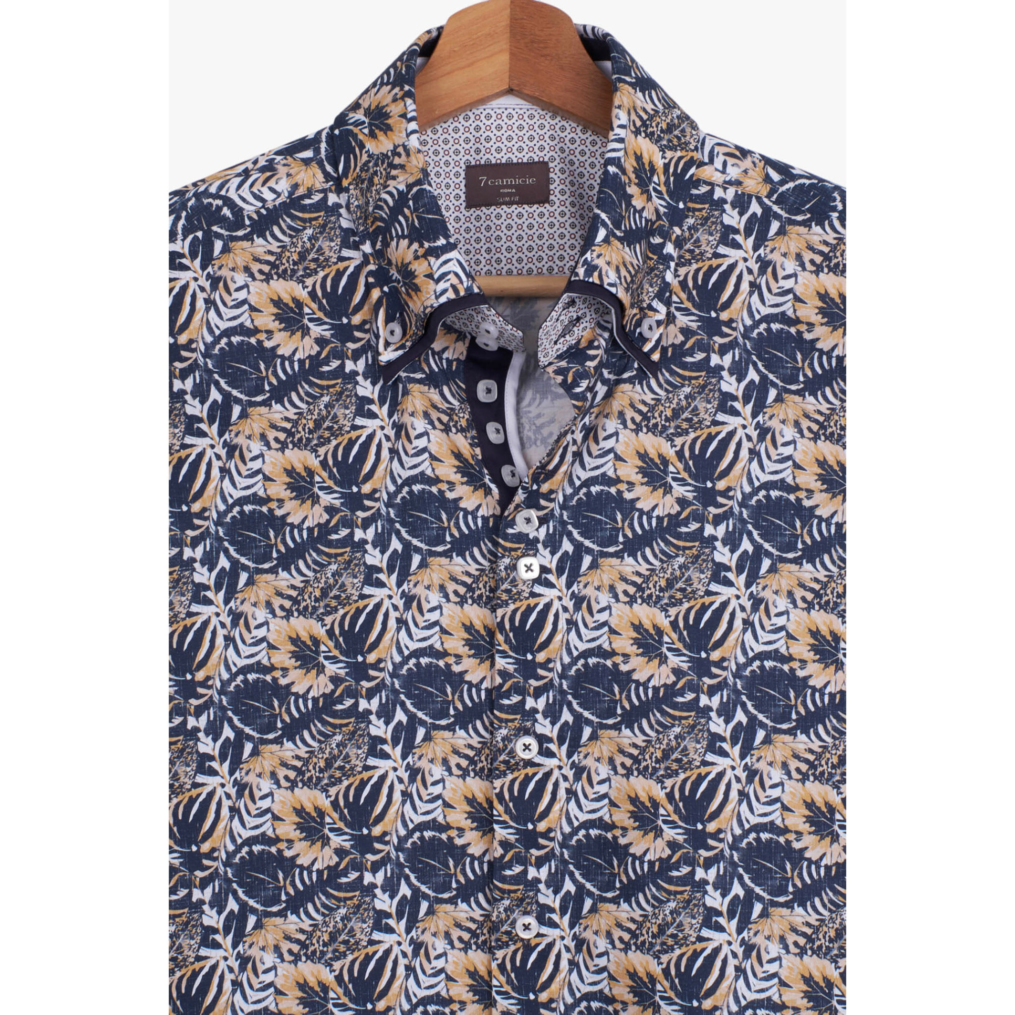 Camicia Uomo 2 Bottoni Button Down 7bottoni Doppio Coll Popeline Stampato Blu e Arancio Chiaro