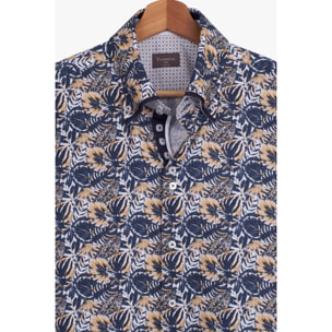 Camicia Uomo 2 Bottoni Button Down 7bottoni Doppio Coll Popeline Stampato Blu e Arancio Chiaro