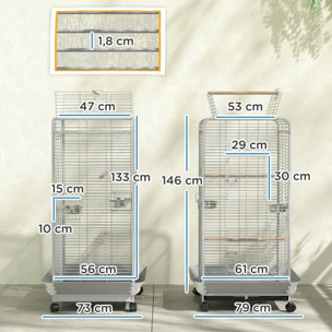 Jaula para Pájaros Jaula para Loros con Ruedas Perchas Comederos y Bandeja Extraíble Pajarera para Cacatúas Cotorras 79x73x146 cm Gris Claro