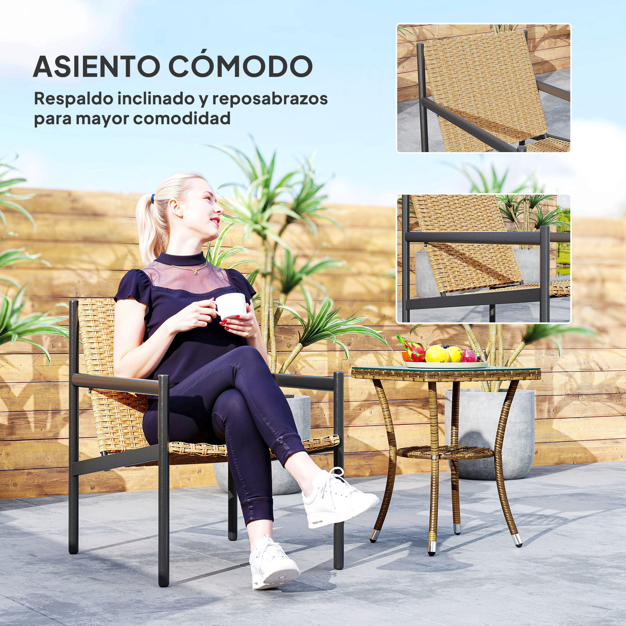 Silla de Ratán de Jardín Individual Silla para Exterior Resistente a la Intemperie con Reposabrazos Respaldo Inclinado y Estructura de Acero Carga 120 kg para Terraza Patio Balcón Natural