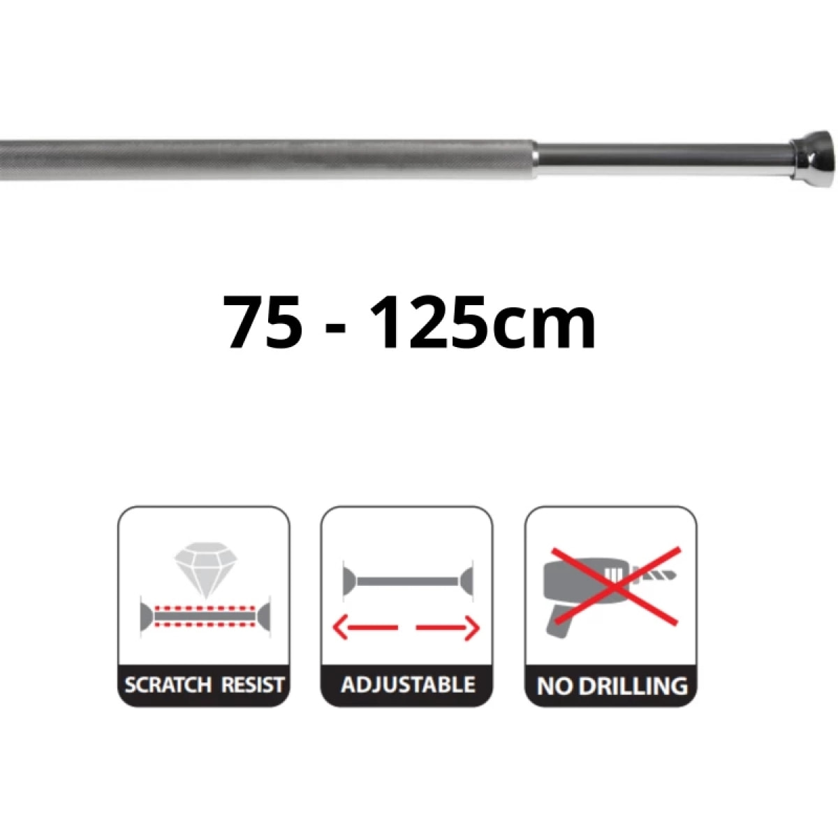 Barre tringle pour rideau de douche ou baignoire extensible sans perçage en Alu ARIOS 75-125cm Finition Brillante Spirella