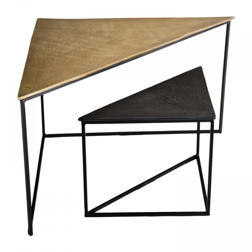 JONAS - Set de 2 tables gigognes triangles aluminium doré et noir - pieds métal noirs