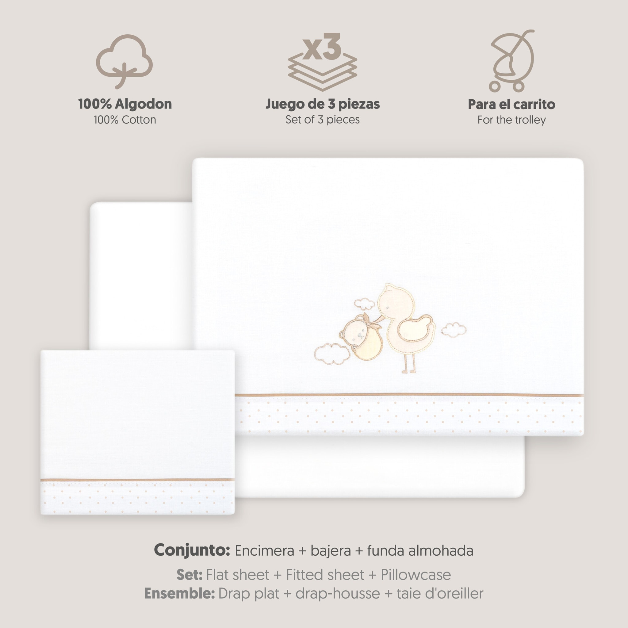 Triptico Coche Cigueña Oso Bco/Beig