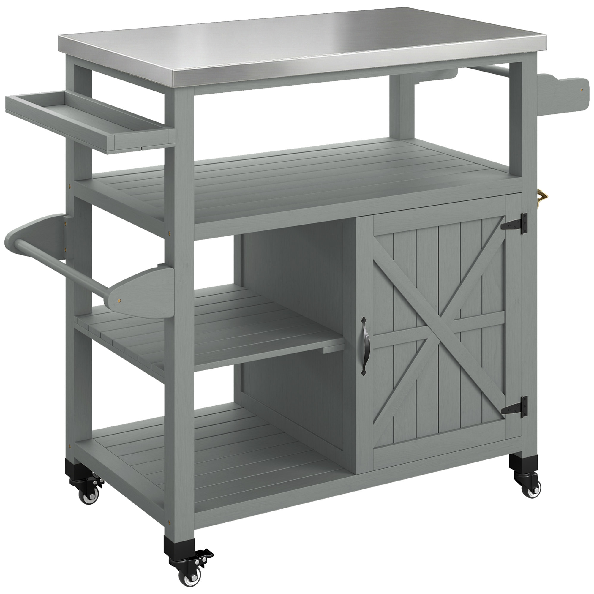 Desserte de jardin - desserte pour plancha - porte, 2 étagères, 3 niches - plateau acier inox gris