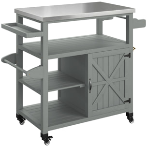 Desserte de jardin - desserte pour plancha - porte, 2 étagères, 3 niches - plateau acier inox gris