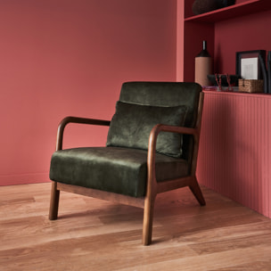 Fauteuil scandinave bois d'hévéa teinté noyer clair et velours LORENS