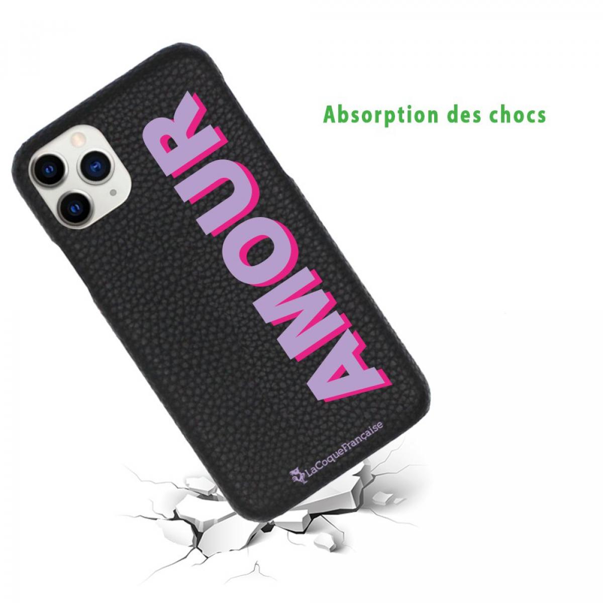 Coque iPhone 11 Pro Max effet cuir grainé noir Amour parme et fushia Design La Coque Francaise