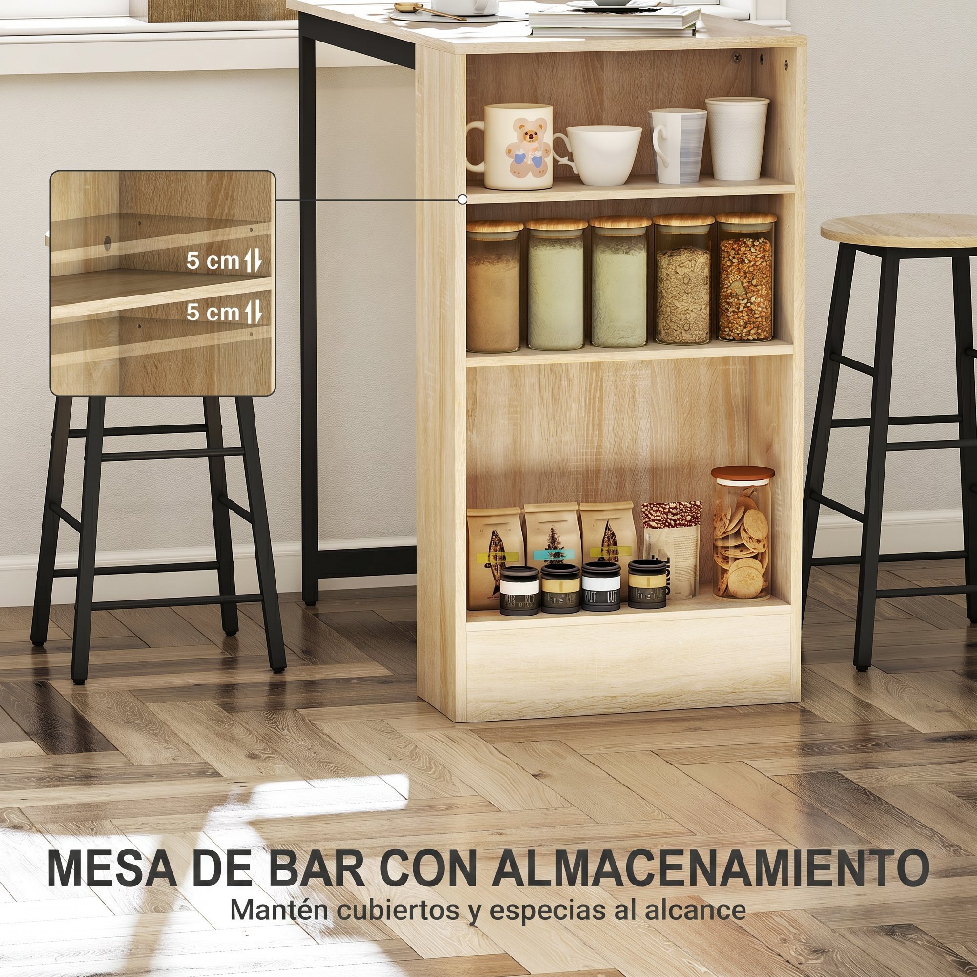 Conjunto Mesa Alta de Cocina con 2 Taburetes, Mesa Alta de Bar, Ahorro de Espacio, Marco de Acero, Reposapiés, 3 Compartimentos Abiertos, Estante Ajustable, para Comedor, Isla Cocina, Roble