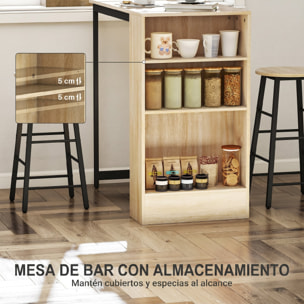 Conjunto Mesa Alta de Cocina con 2 Taburetes, Mesa Alta de Bar, Ahorro de Espacio, Marco de Acero, Reposapiés, 3 Compartimentos Abiertos, Estante Ajustable, para Comedor, Isla Cocina, Roble
