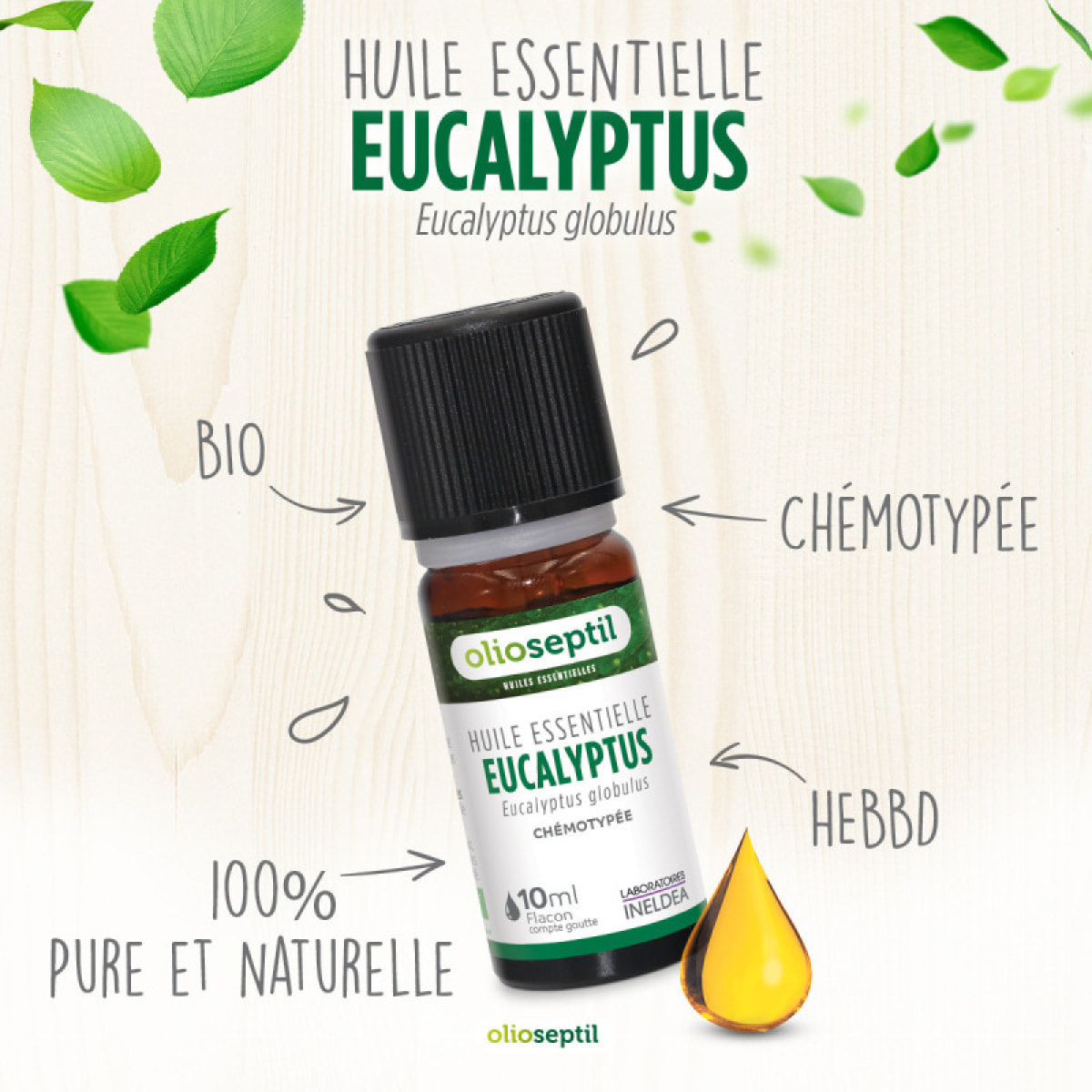 OLIOSEPTIL - Huile essentielle d'Eucalyptus Globulus - 100% Pure et naturelle - BIO - HEBBD (biochimiquement et botaniquement définie) - 100% origine naturelle - Lot de 2 Flacons 10ml