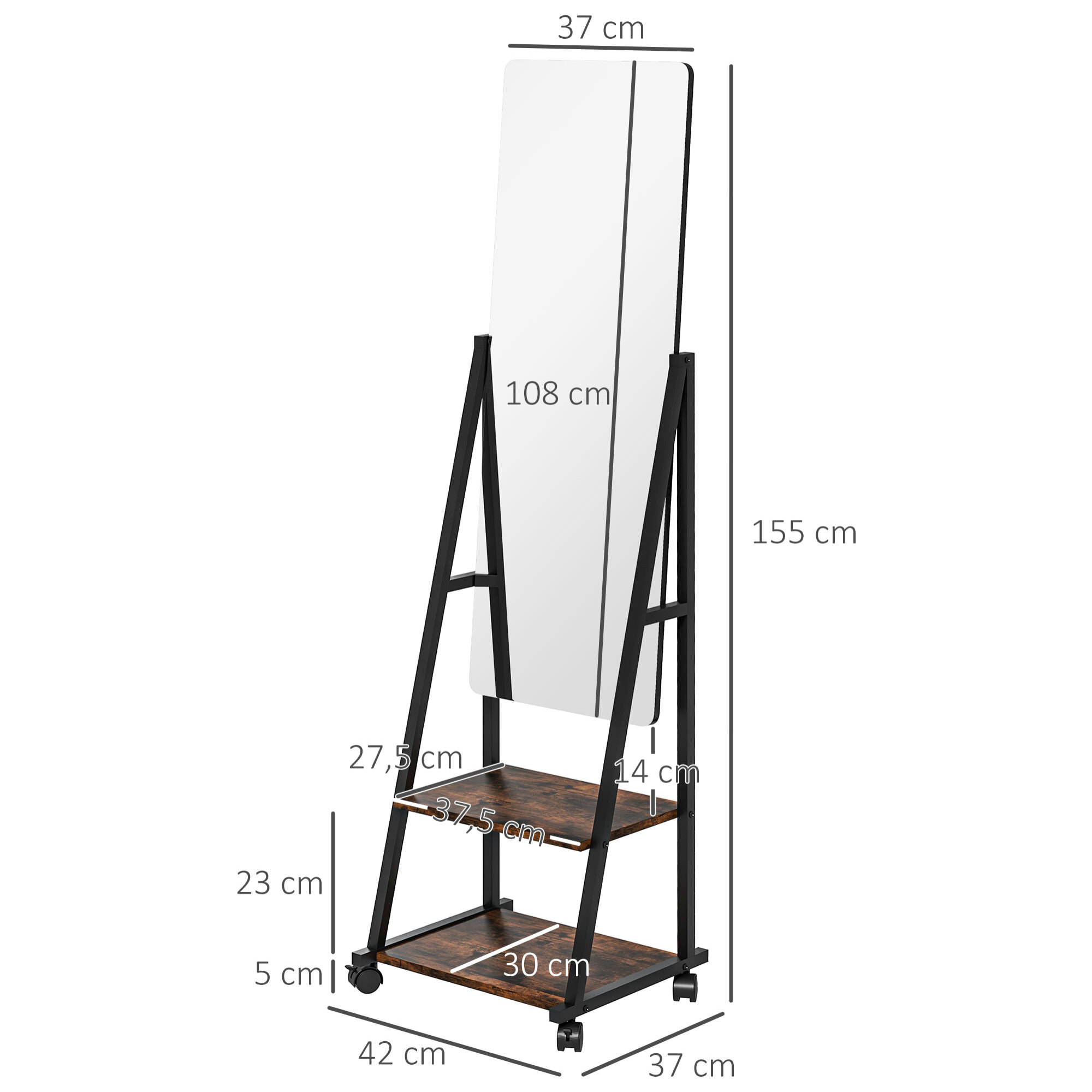 Miroir sur pied rectangulaire avec roulettes angle réglable 2 étagères dim. 42L x 37l x 155H cm verre bois rustique noir