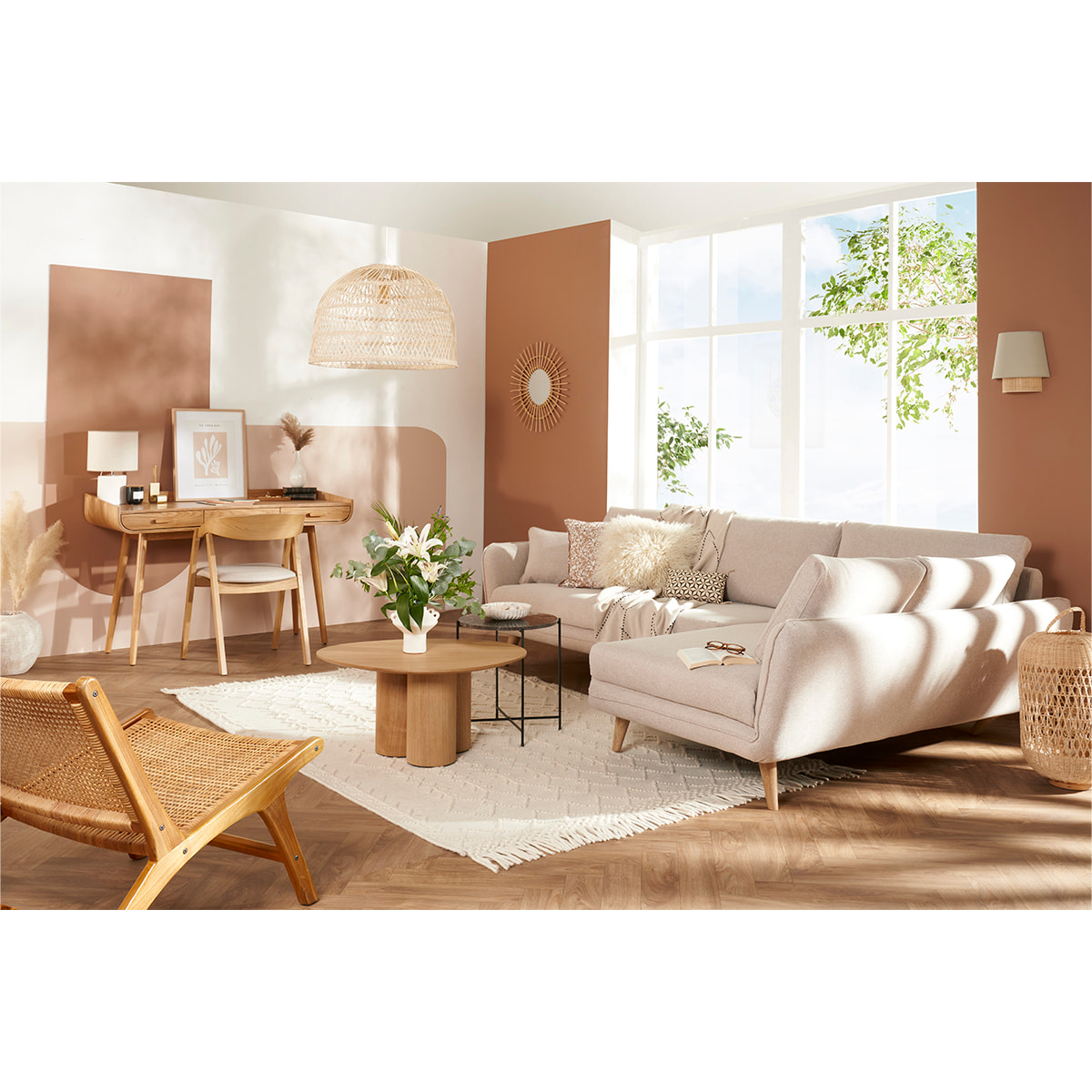 Canapé d'angle droit scandinave 5 places en tissu beige et bois clair CREEP