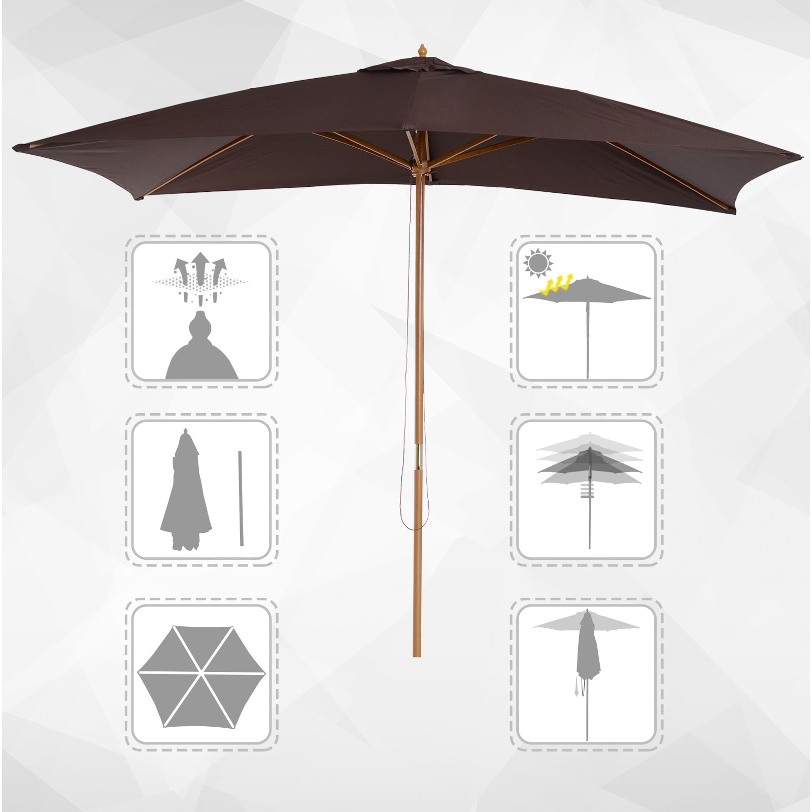Sombrilla tipo Parasol Mástil de Madera 2x3 m Chocolate