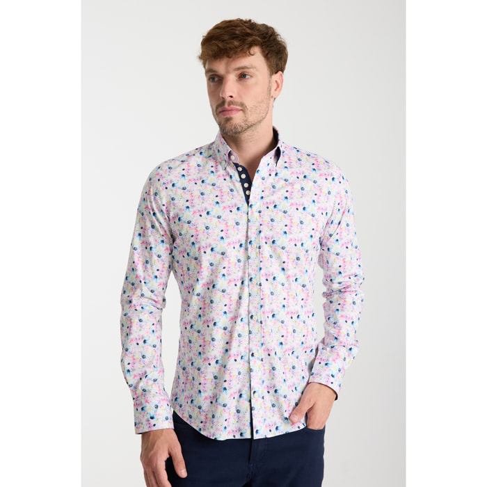 Camicia Uomo 1 Bottoni Button Down Slim Popeline Stretch Stampato Bianco Rosa Cipria