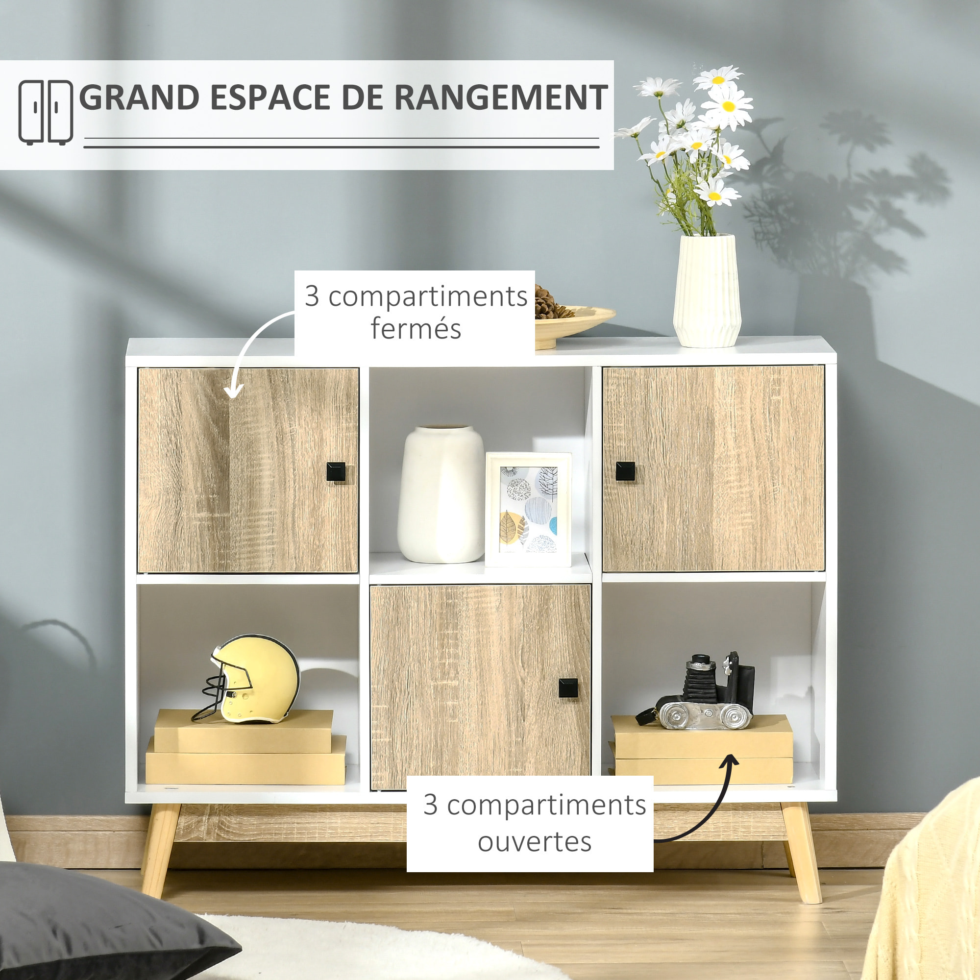 Bibliothèque meuble de rangement design scandinave 3 niches 3 portes panneaux particules blanc aspect chêne clair