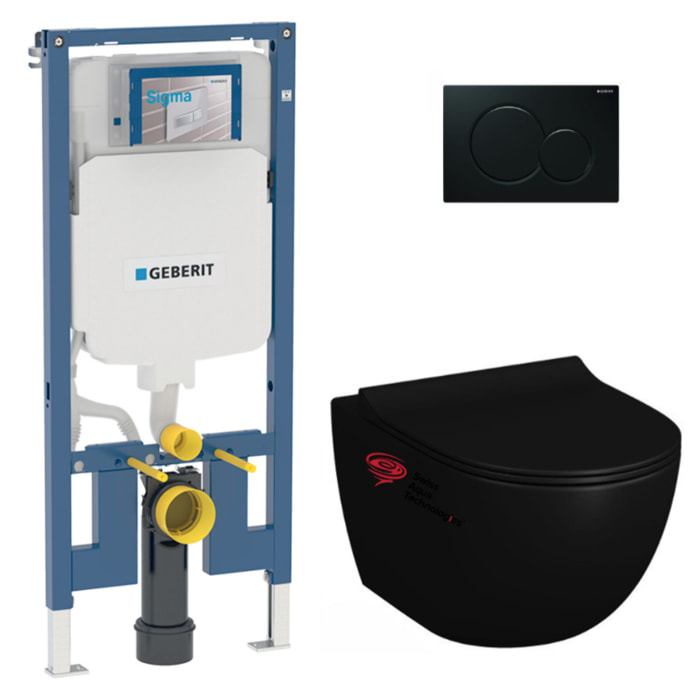 Pack WC sans bride Infinitio Noir mat + Abattant softclose slim + Bâti support Geberit Extra-plat UP720 + Plaque Noir brillante