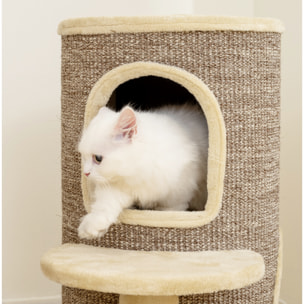 Arbre à chat cylindrique - tour à griffer pour chat H.61cm - tonneau griffoir - 2 niveaux + plateforme - sisal peluche beige