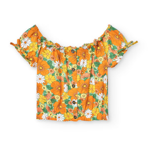 Camiseta niÃ±a estampada, flores, naranja de manga corta