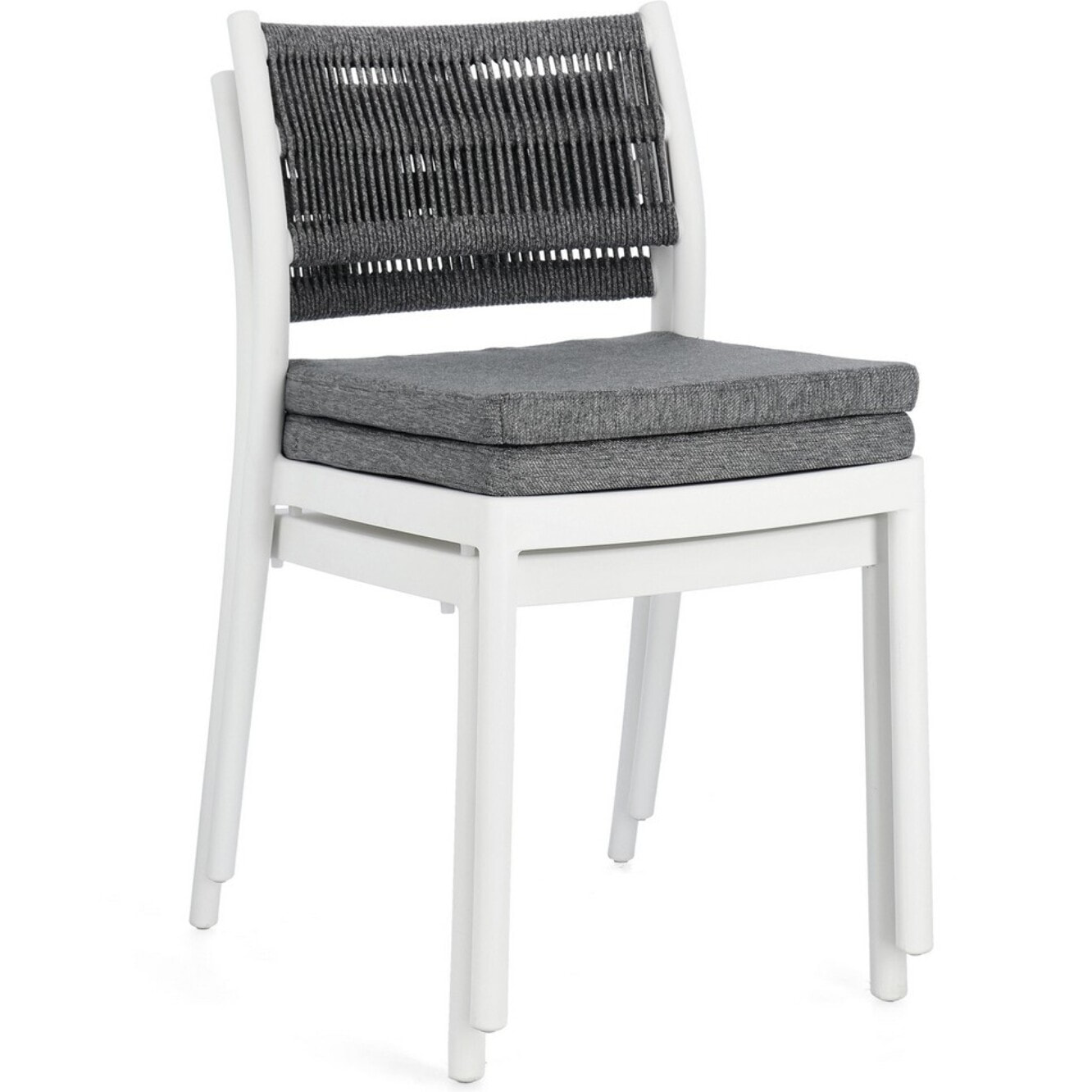 Set di 4 sedie ALVIN in polipropilene bianco e corda intrecciata grigio scuro, impilabili