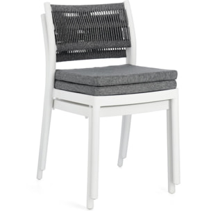 Set di 4 sedie ALVIN in polipropilene bianco e corda intrecciata grigio scuro, impilabili
