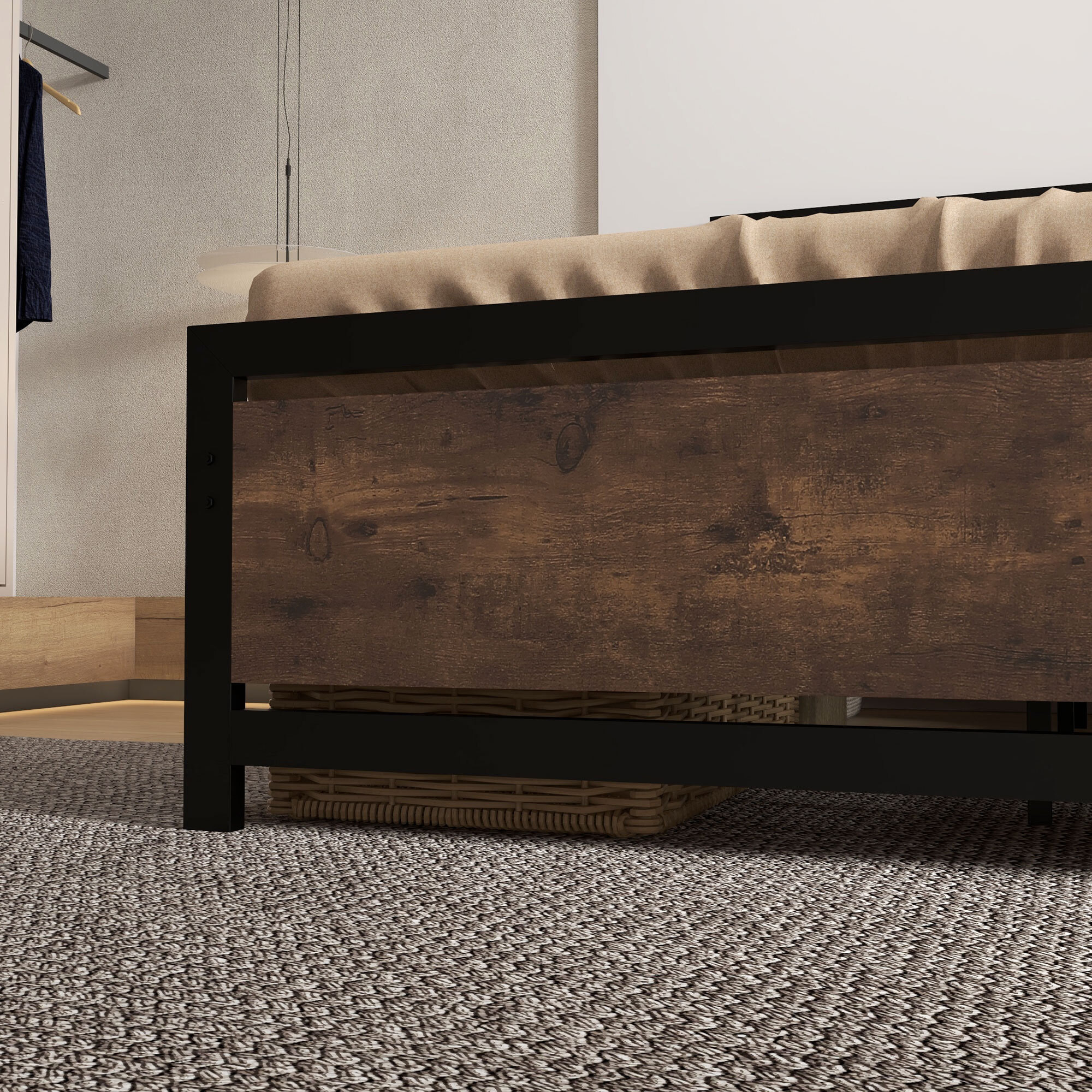 Lit double design industriel - tête de lit, pied de lit et sommier - dim. 195L x 144l x 103H cm - compatible matelas 190L x 140l cm - acier noir MDF aspect bois avec veinage