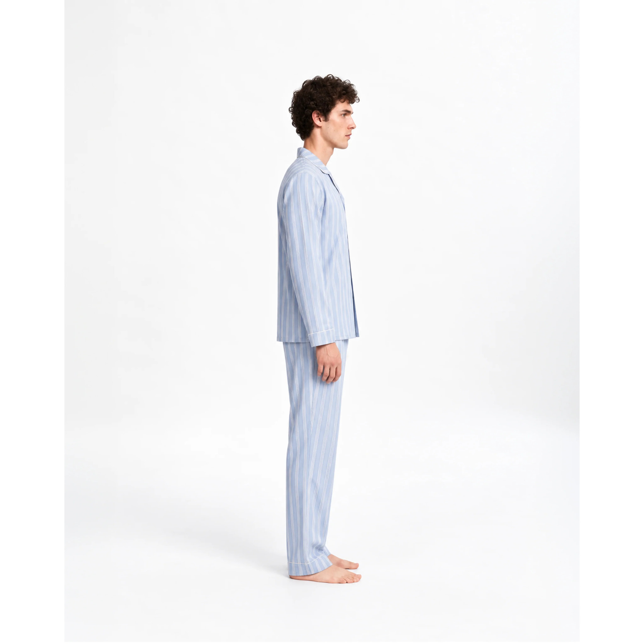 Pigiama lungo a camicia in cotone a righe Marsella celeste