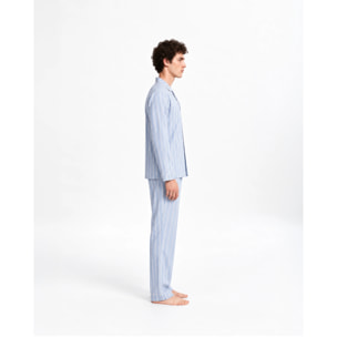 Pigiama lungo a camicia in cotone a righe Marsella celeste