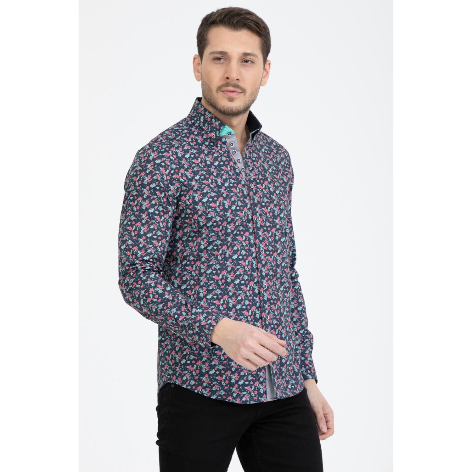 Camicia Uomo 1 Bottoni Button Down Slim Popeline Stampato Nero/Bianco