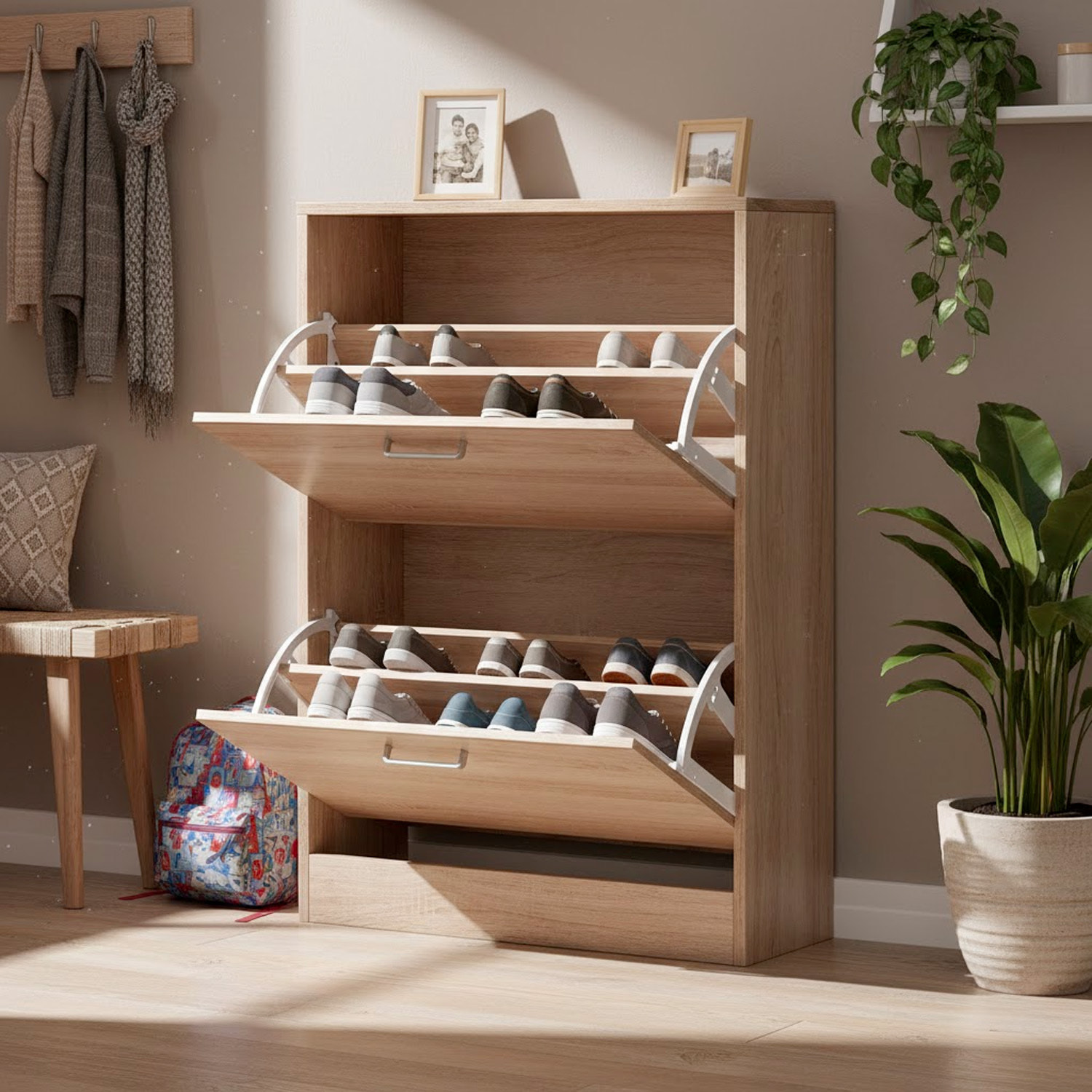 Scarpiera A 2 Ribalte Salvaspazio Con Doppia Profondità Mobile Portascarpe Per Ingresso Corridoio Contiene 12 Paia Di Scarpe 76 x 50 x 22 Cm Rovere