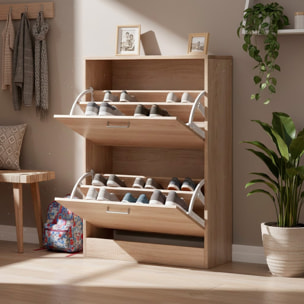 Scarpiera A 2 Ribalte Salvaspazio Con Doppia Profondità Mobile Portascarpe Per Ingresso Corridoio Contiene 12 Paia Di Scarpe 76 x 50 x 22 Cm Rovere