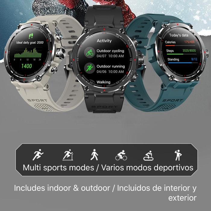 Smartwatch HM03 de grado militar, con GPS de triple posicionamiento.  Monitor cardiaco y de O2. Notificaciones