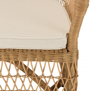 KALLY - Fauteuil en rotin naturel avec coussin d'assise blanc