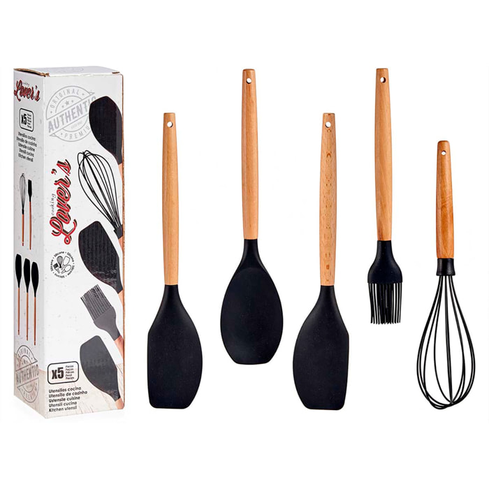 DAM SET 5 UTENSILI DA CUCINA IN SILICONE MANICO LEGNO DI FAGGIO 7,5x8,5x33 Cm. Colore del legno