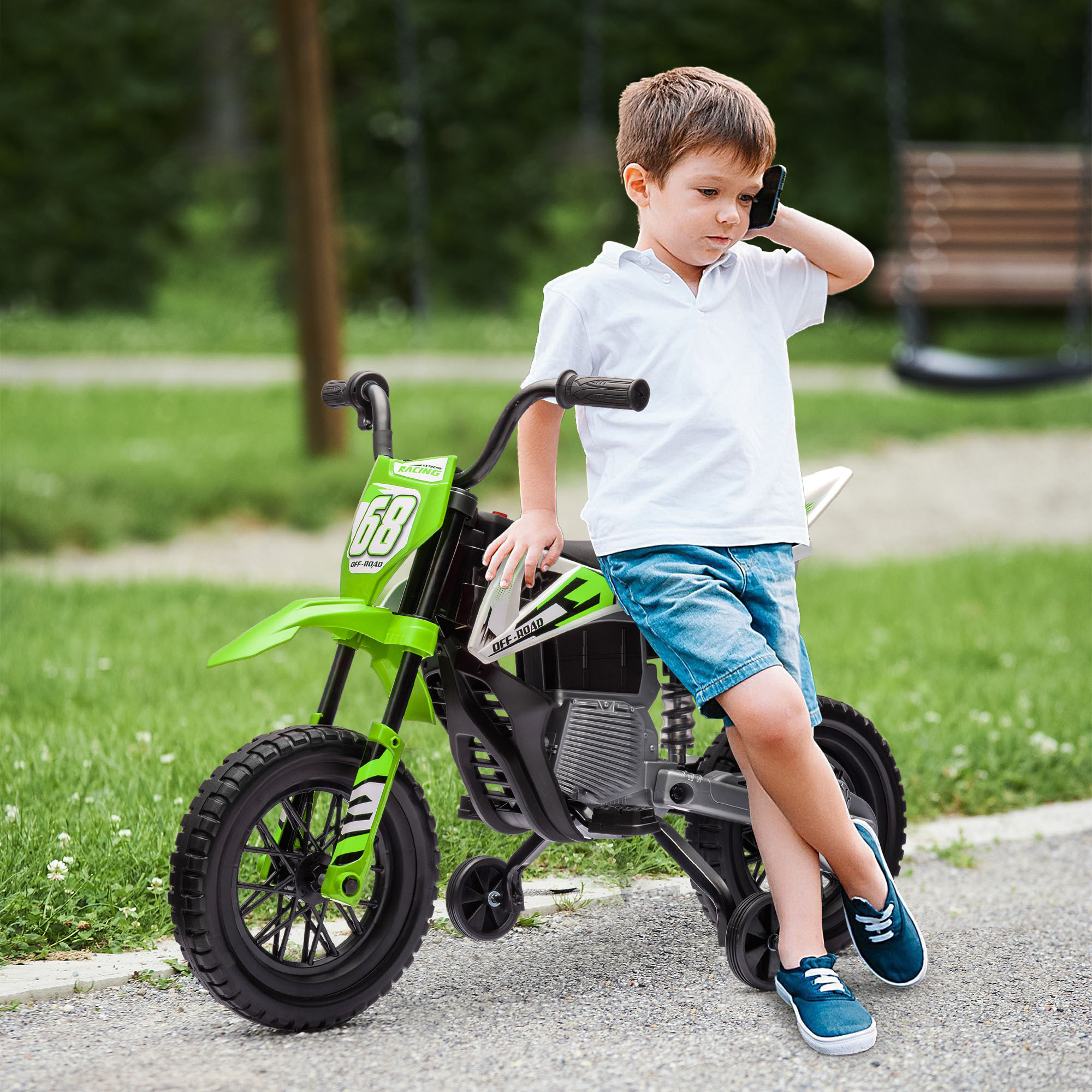 Moto Eléctrica para Niños de +3 Años, Moto Eléctrica Infantil con Batería 12V, Música, Velocidad 2,4-5 km/h y Ruedas Auxiliares Desmontables, Carga 30 kg, Verde