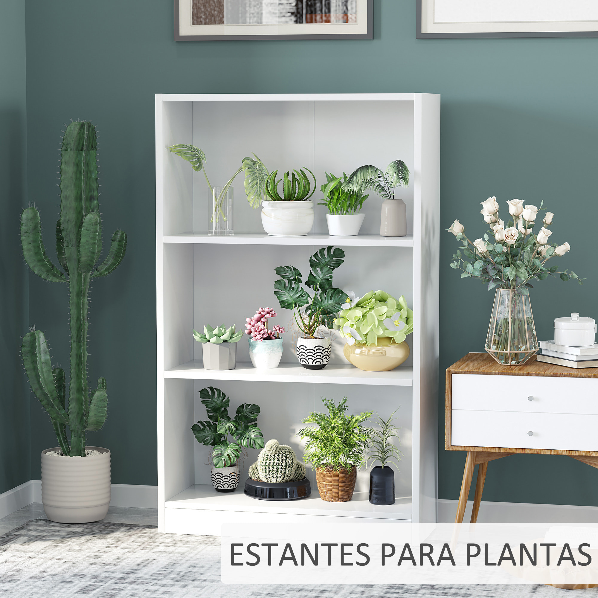 HOMCOM Estantería Librería con 3 Compartimentos de Almacenaje Libros CDs Plantas para Salón Estudio Dormitorio 62,2x24x102,4 cm Blanco