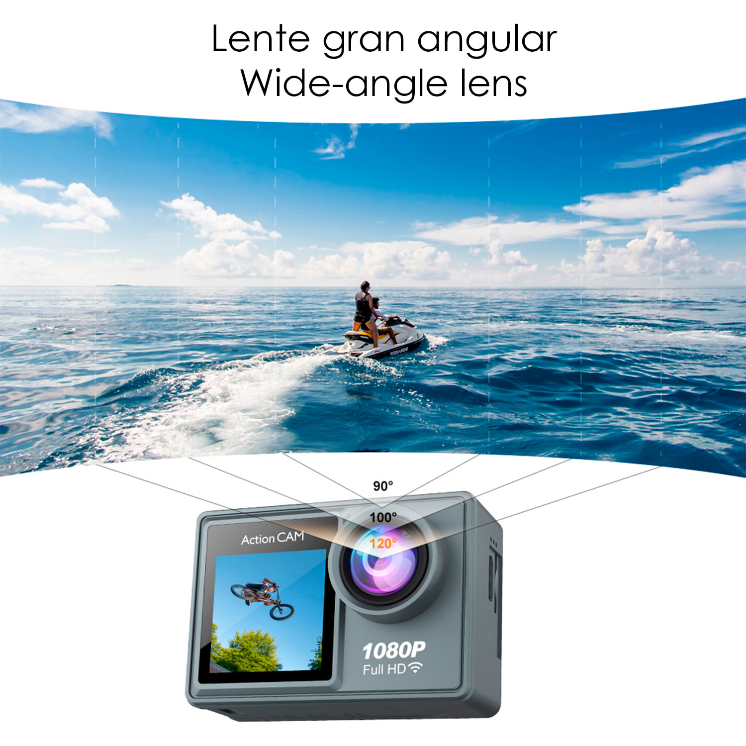 Cámara Deportiva AT-G40 1080FHD con 12 mpx, doble pantalla de 2" y 1.3" con multitud de accesorios deportivos y WIFI.