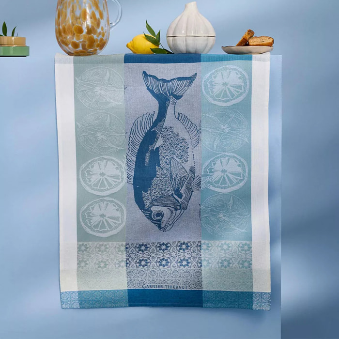Torchon pur coton motif jacquard blanc bleu Plancha outremer