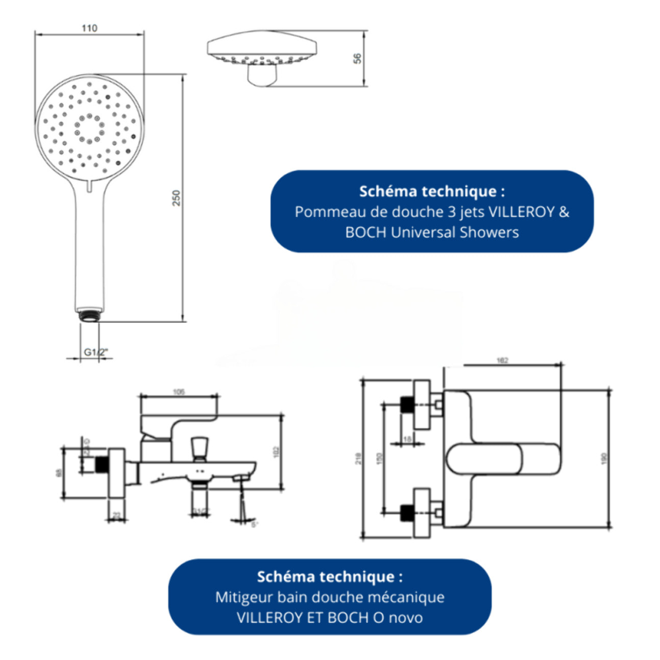 Baignoire droite VILLEROY ET BOCH O Novo + pieds + robinet
